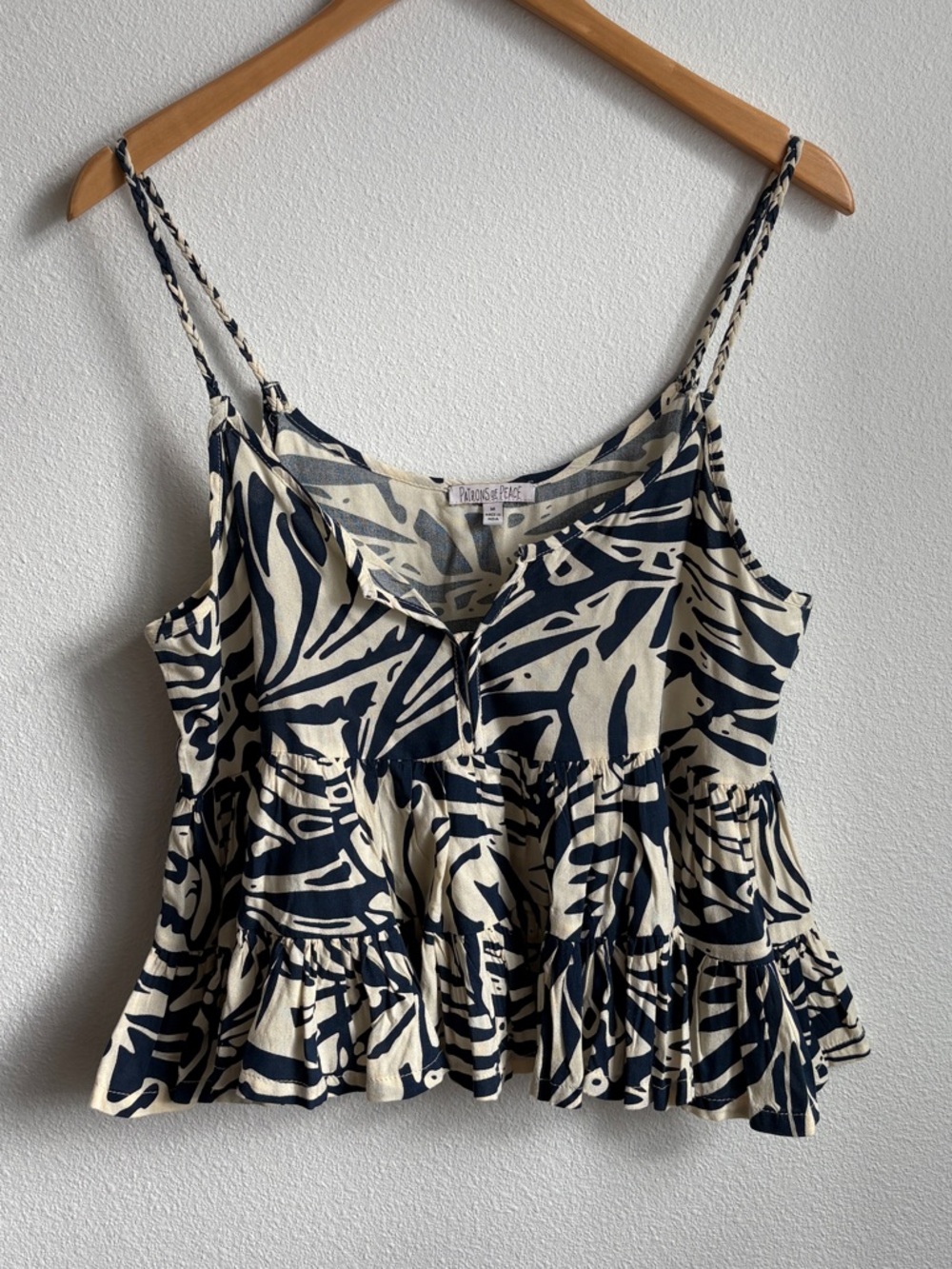 Patrons of Peace Navy and Cream Abstract Spaghetti Strap Peplum Camisole